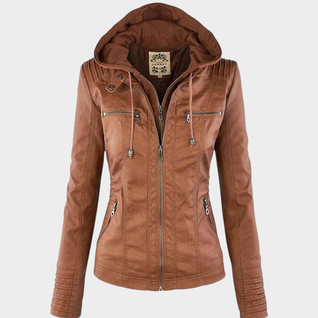 Women’s Leather Jacket Detachable Hood Biker Style