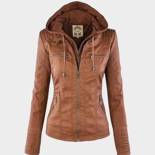 Women’s Leather Jacket Detachable Hood Biker Style
