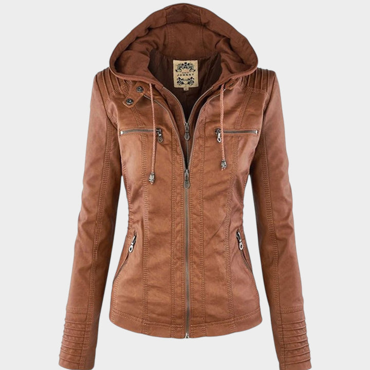 Women’s Leather Jacket Detachable Hood Biker Style
