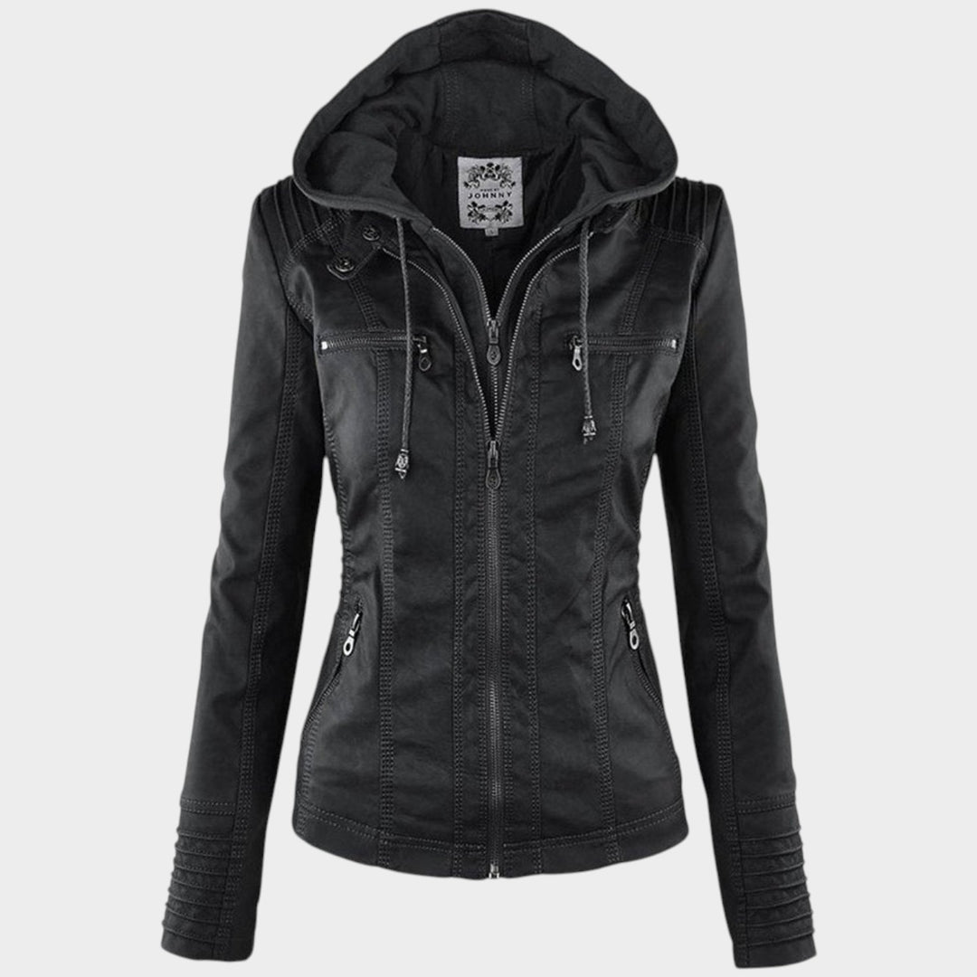 Women’s Leather Jacket Detachable Hood Biker Style
