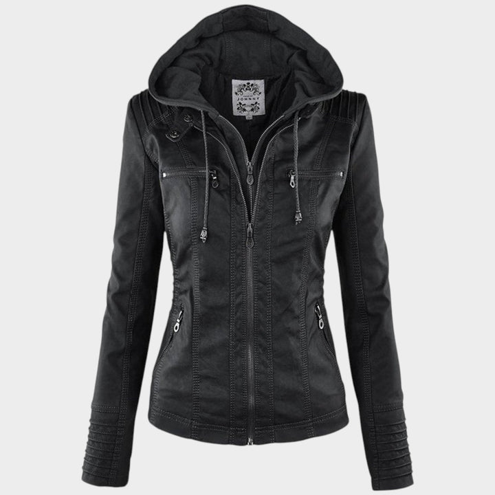 Women’s Leather Jacket Detachable Hood Biker Style