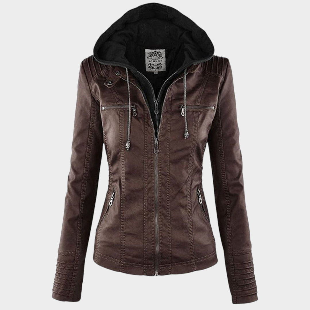Women’s Leather Jacket Detachable Hood Biker Style