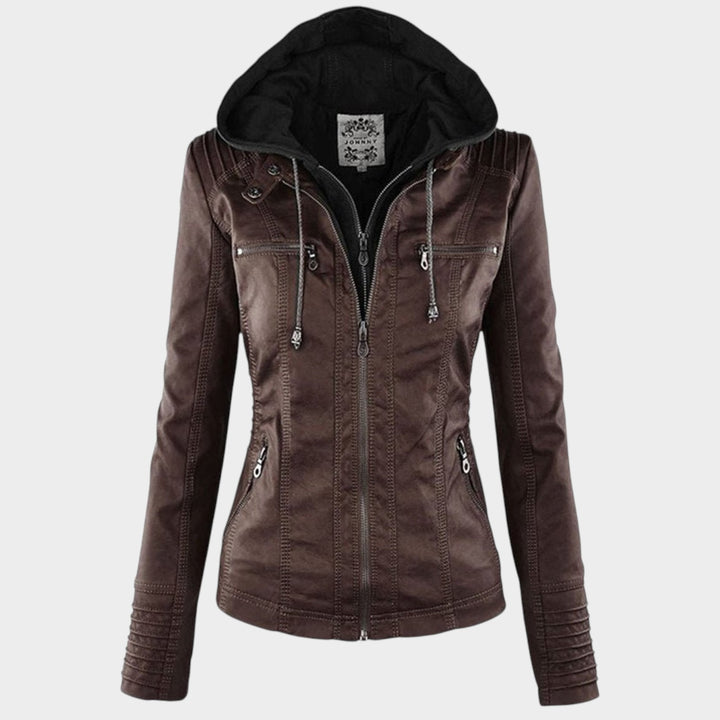 Women’s Leather Jacket Detachable Hood Biker Style
