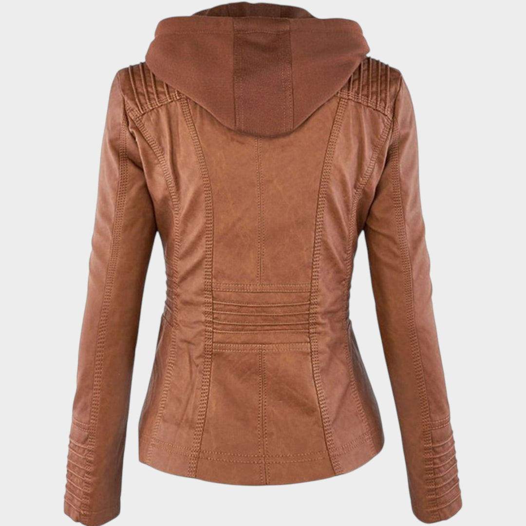 Women’s Leather Jacket Detachable Hood Biker Style