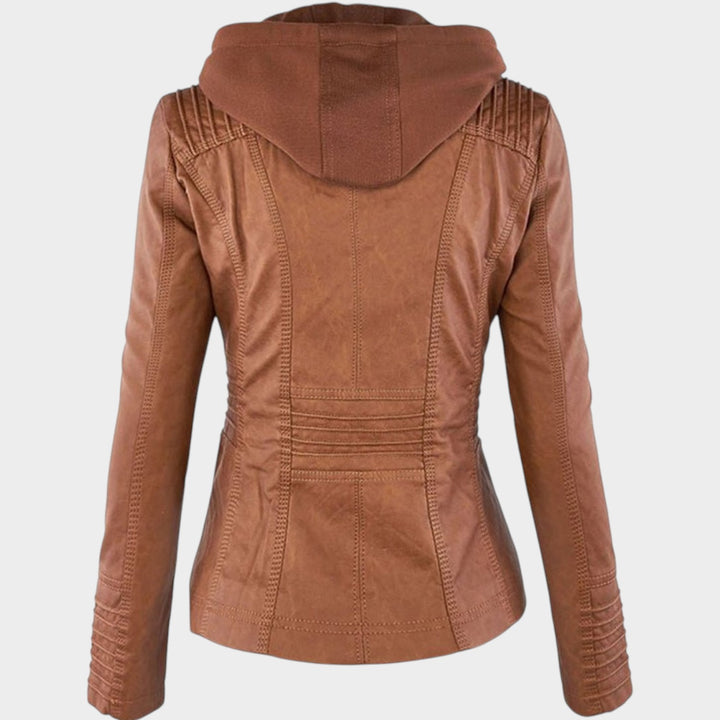 Women’s Leather Jacket Detachable Hood Biker Style