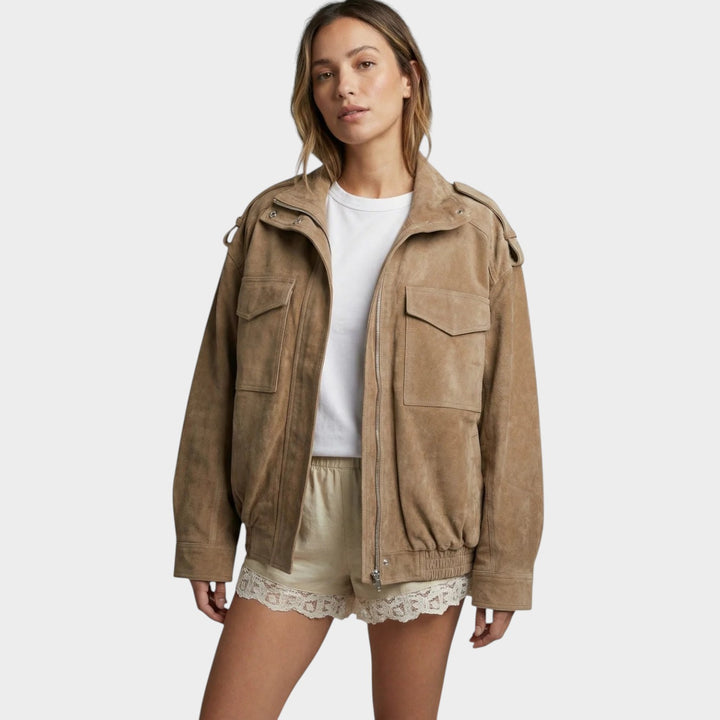 Women’s Bomber Jacket Casual Suede Utility Style