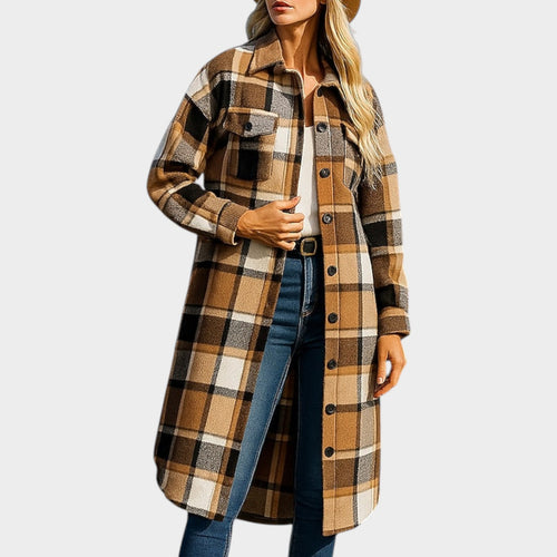 Women’s Coat Casual Plaid Longline Button Front