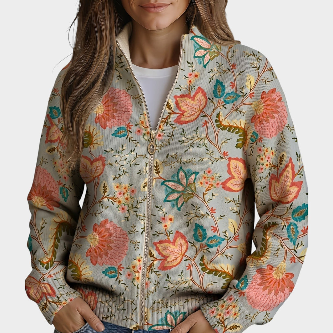 Women’s Knit Cardigan Vintage Floral Print Zip Front